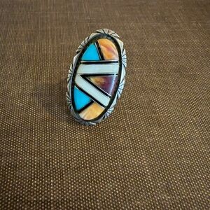Native American Zuni Inlay Ring Bennie Bowekaty Turquoise Sterling 7.5